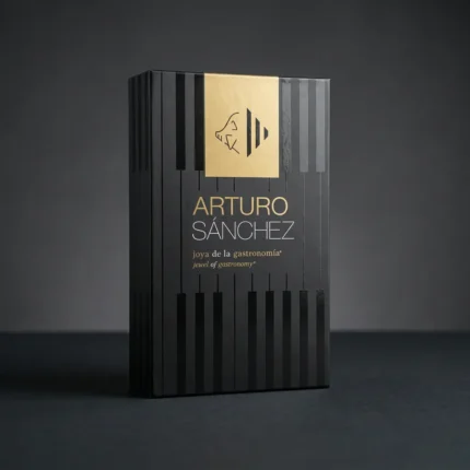 Alt tekst: Baština Arturo Sánchez – zatvorena crna poklon kutija sa zlatnim logotipom proizvođača.