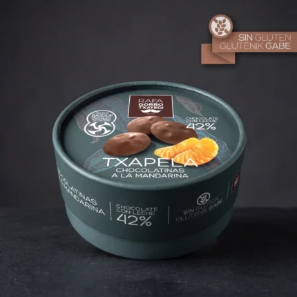 Čokoladni čips mandarina Rafa Gorrotxategi pakiranje u limenci na tamnoj podlozi