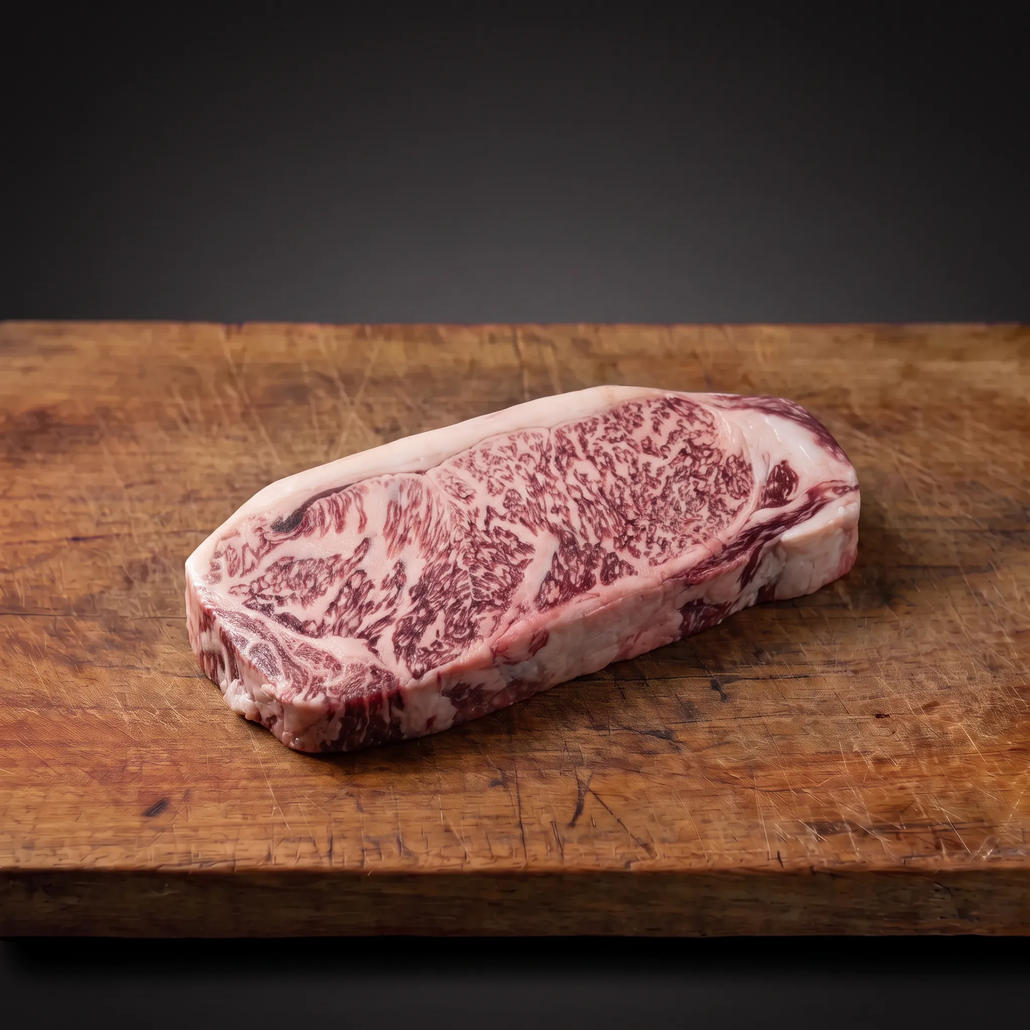 Japanski Wagyu A5 Striploin – Kagoshima BMS 11–12 Japanski Wagyu A5 Striploin T drvenoj dasci