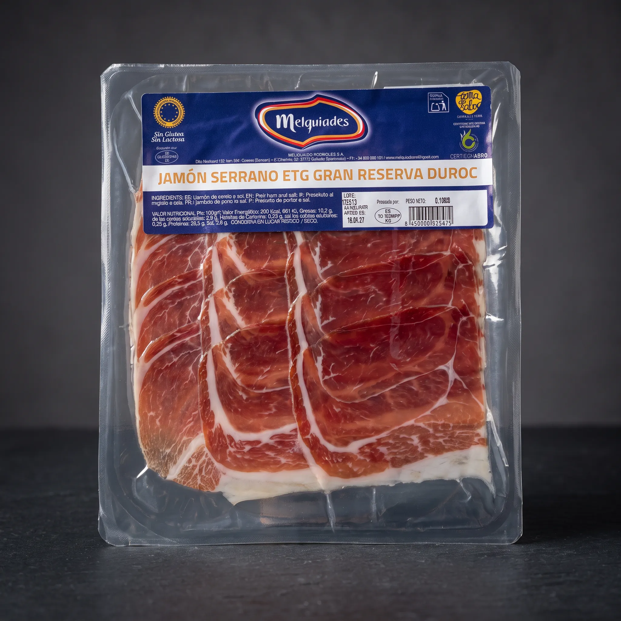 `prsut-serrano-duroc-gran-reserva-melquiades-narezani` Pršut Serrano Duroc Gran Reserva Melquiades, narezan na tanke šnite u pakiranju