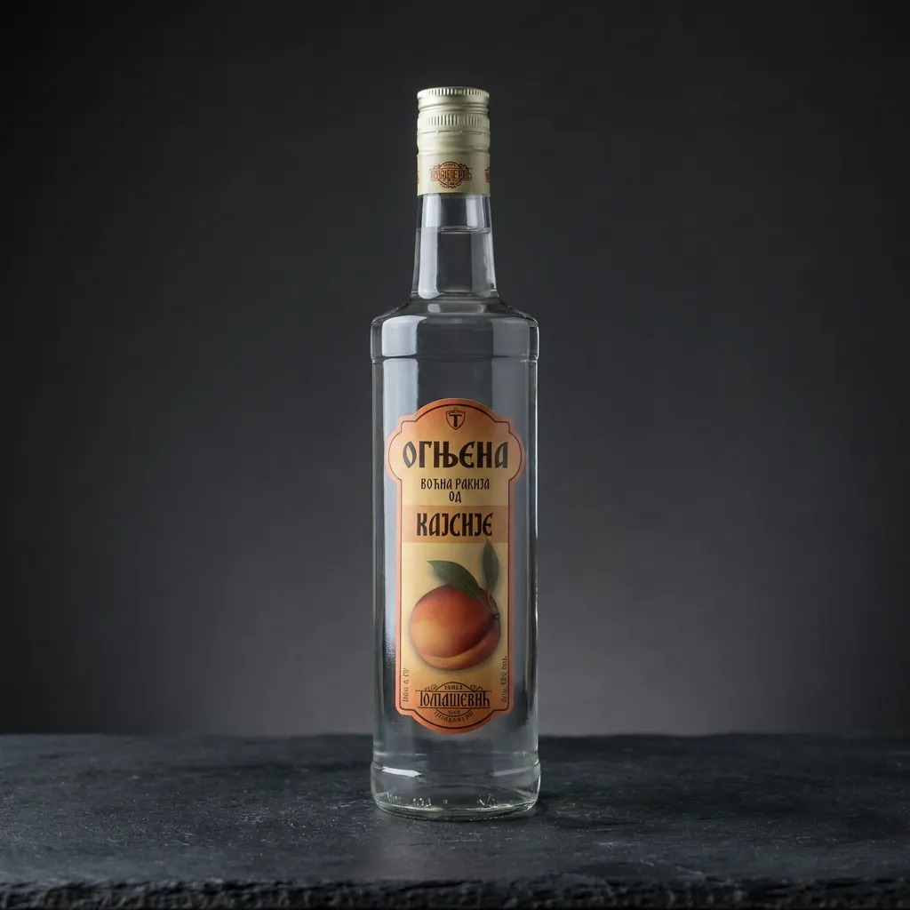rakija-ognjena-kajsija Elegantna boca od 0,7 litara vrhunske rakije Rakija Ognjena Kajsija s prepoznatljivom etiketom na tamnoj podlozi