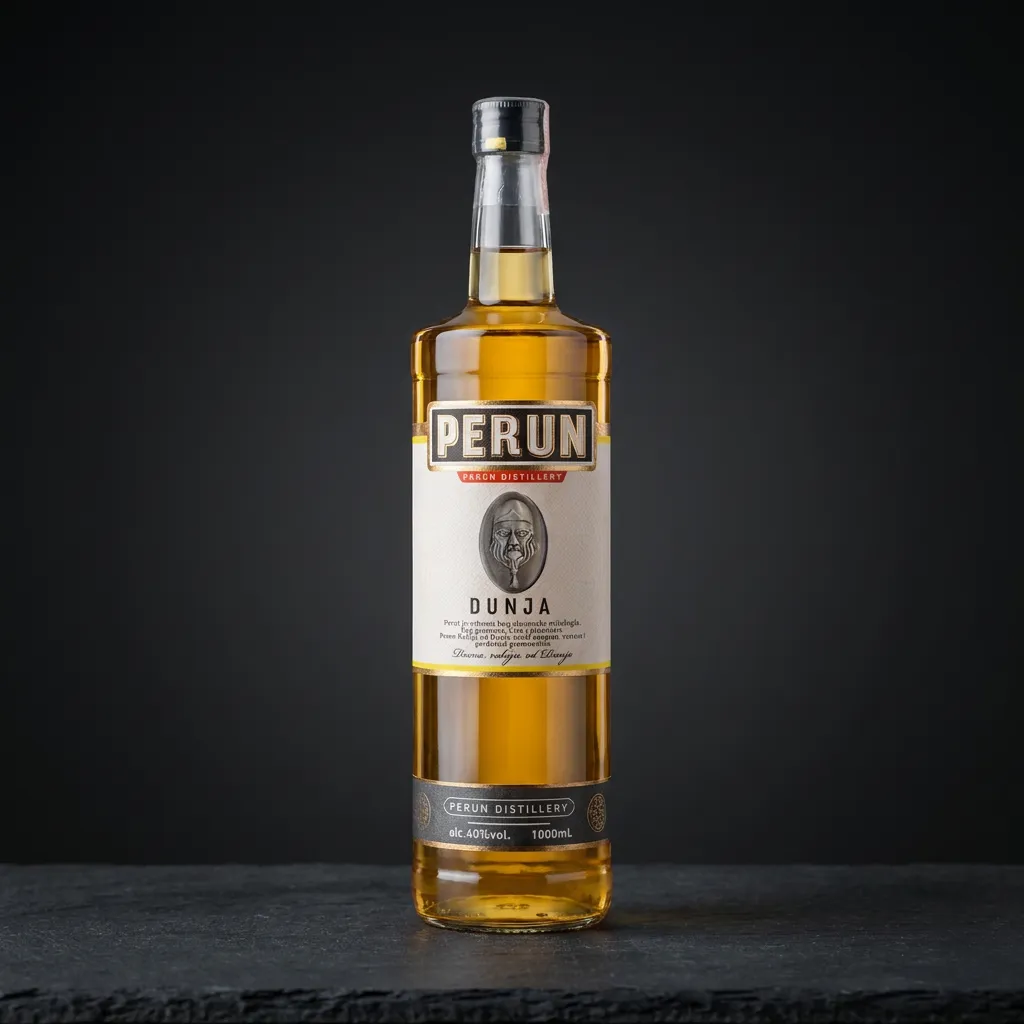 rakija-perun-dunja Boca od 1 litre vrhunske odležane rakije Rakija Perun Dunja s prepoznatljivom etiketom na tamnoj podlozi