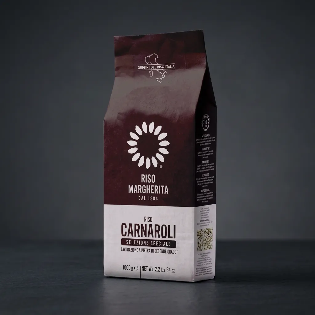 riza-carnaroli-500-g Pakiranje vrhunske Carnaroli riže Selezione Speciale robne marke Riso Margherita od 500 g na tamnoj podlozi