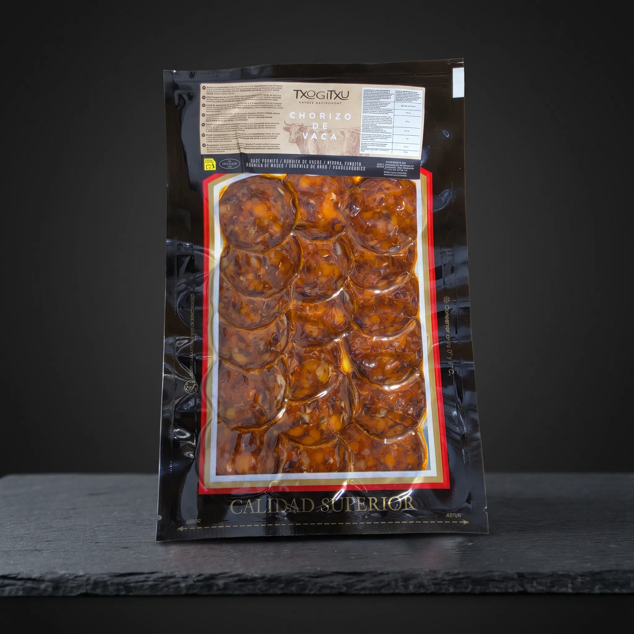 Txogitxu goveđi chorizo – 90 g Txogitxu goveđi chorizo narezan na ploške u pakiranju od 90 g