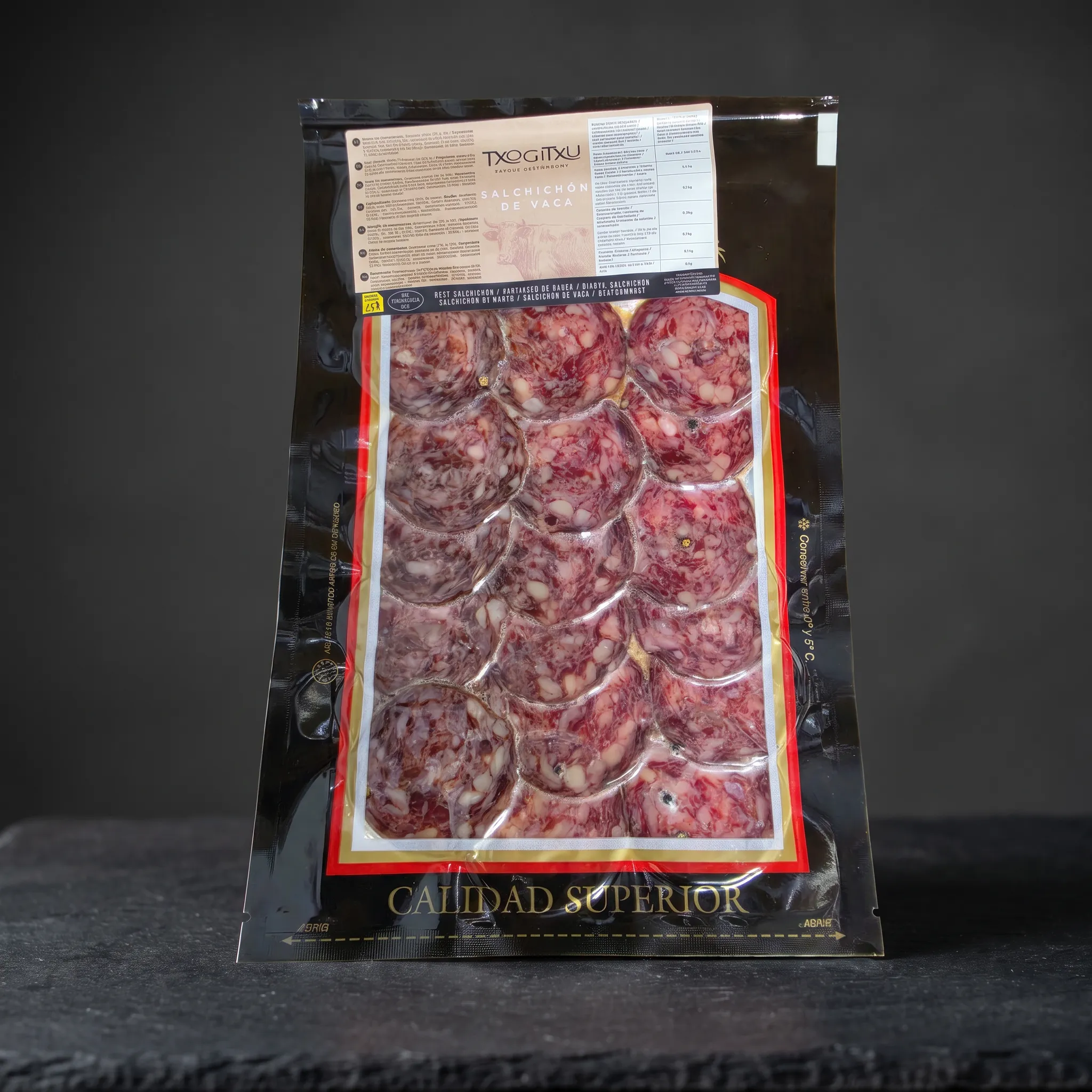 Txogitxu-suseni-govedi-salchichon-90-g Txogitxu goveđi salchichon narezan na tanke ploške u pakiranju od 90 g