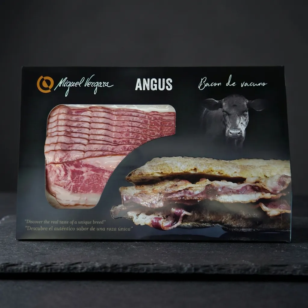 Miguel Vergara Angus goveđi bacon – 150 g Vergara goveđi bacon narezan na tanke šnite vakumiran u kutiji.