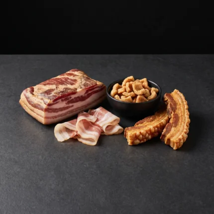 Slanina i panceta u komadu i šnitama, čvarci u crnoj zdjelici i hrskavi torreznosi na tamnoj podlozi.